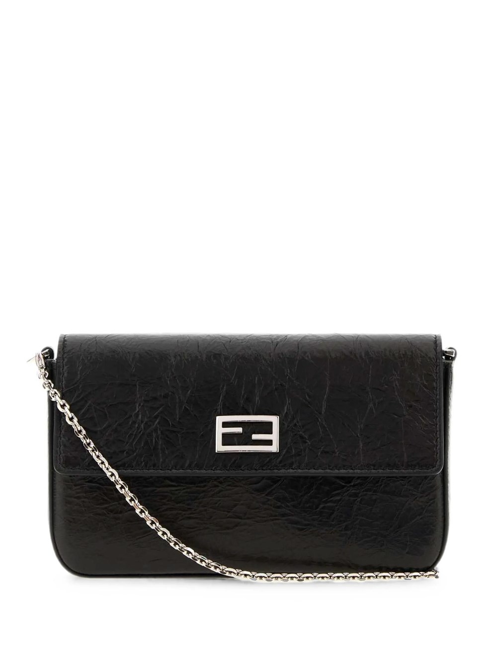 Fendi Women's Black Compact Crackled Leather Wallet On Chain Tube
