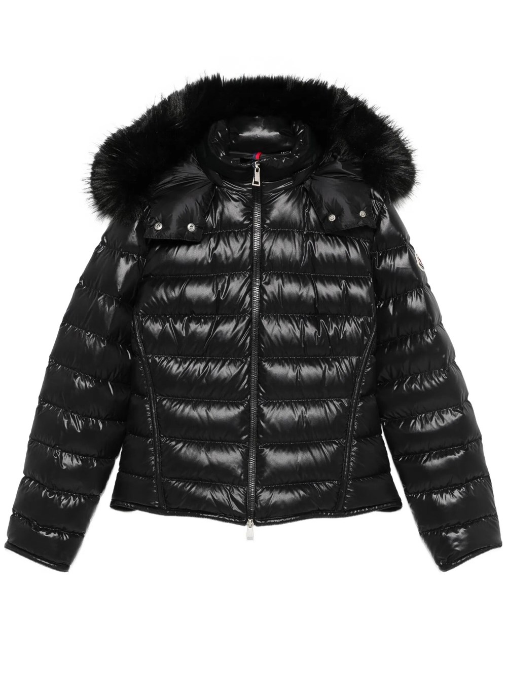 Moncler Women's Black Jacket With Hood And Faux Fur Trim