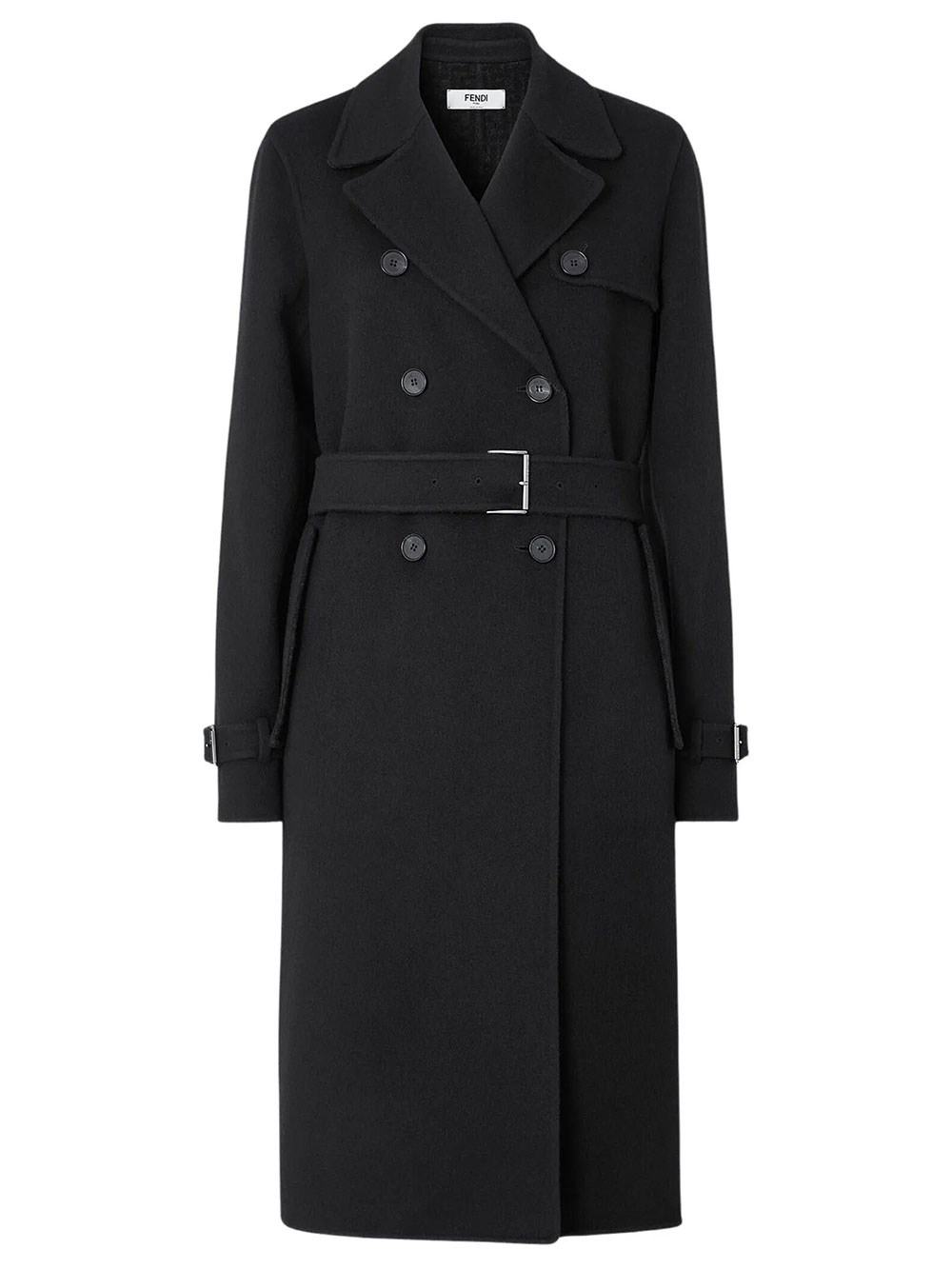 Fendi Women's Black Double-Breasted Midi Wool Trench Coat Ff Zucca